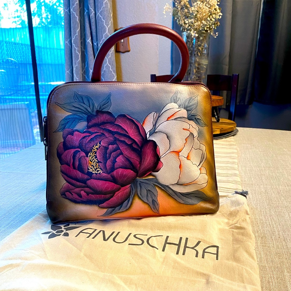 Anuschka Painted Floral Leather Shoulder Bag in Burgundy, White, Brown
